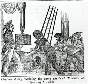 Captain Avery receiving three chests of Treasure on board of his Ship, illustration from 